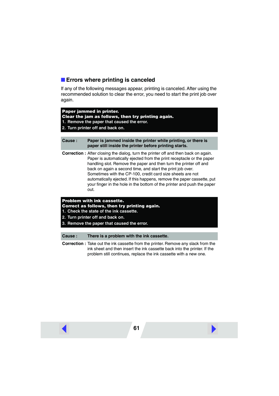 Canon CP100 manual Errors where printing is canceled, Cause There is a problem with the ink cassette 