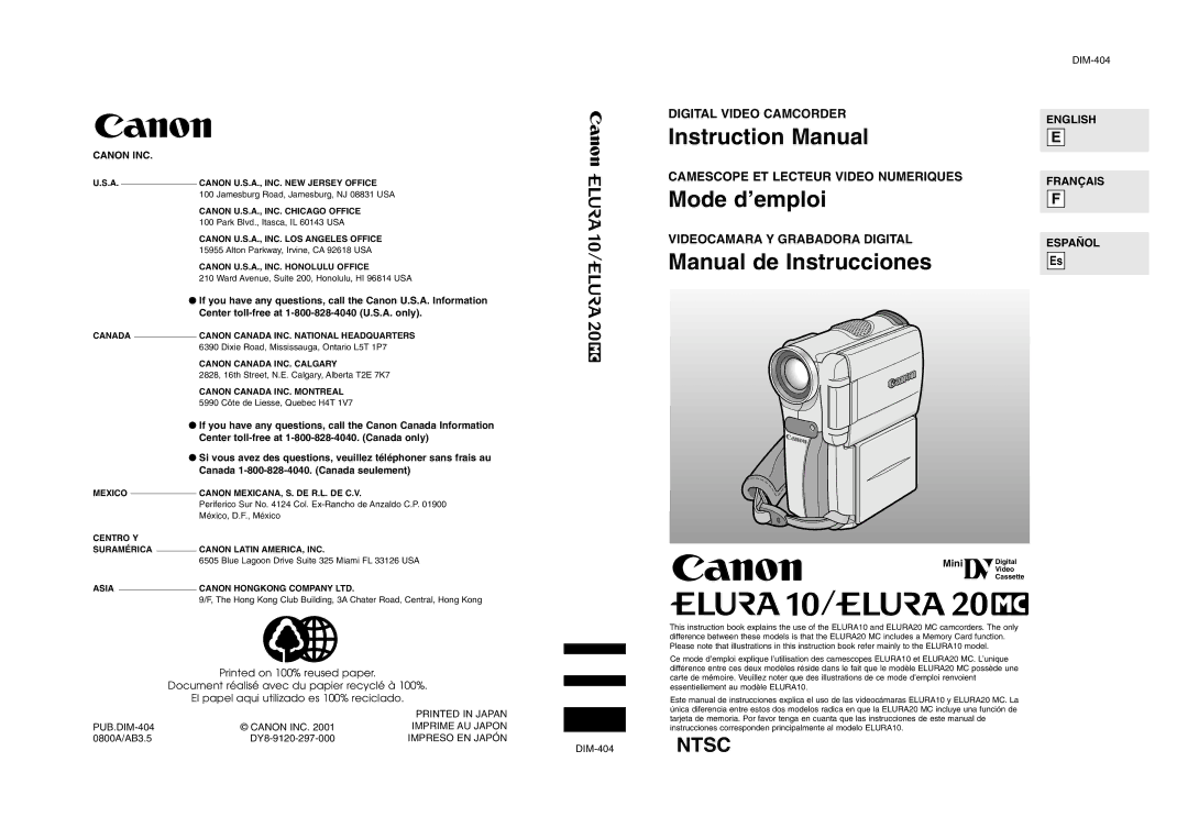 Canon elura20, 10 instruction manual Mode d’emploi 