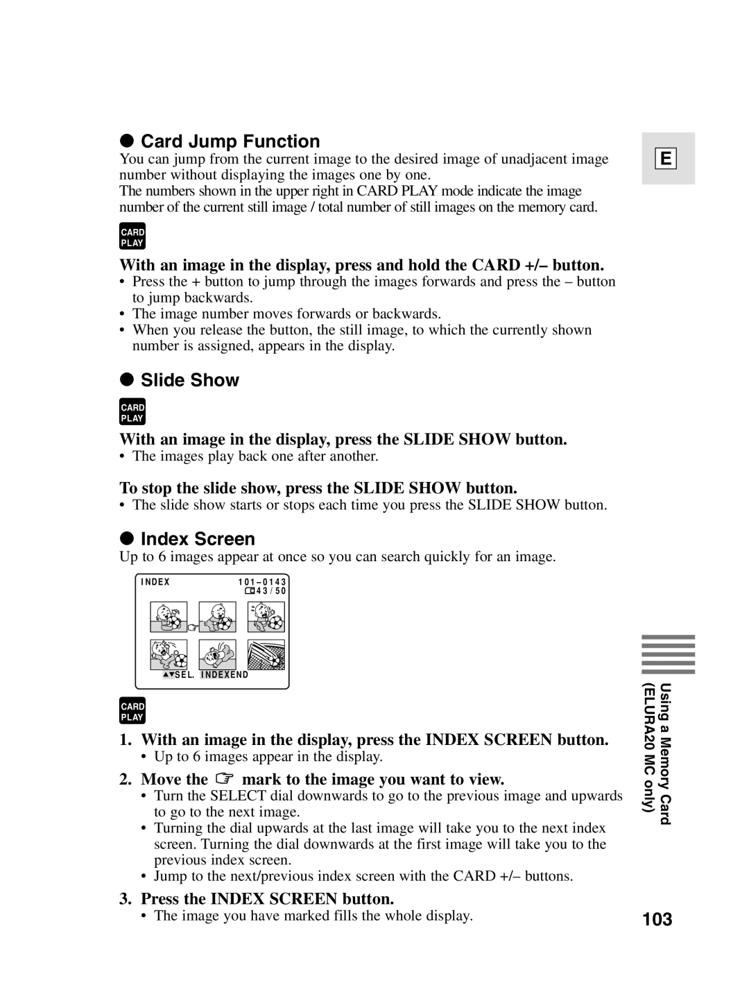 Canon elura20 instruction manual Card Jump Function, Slide Show, Index Screen, 103 