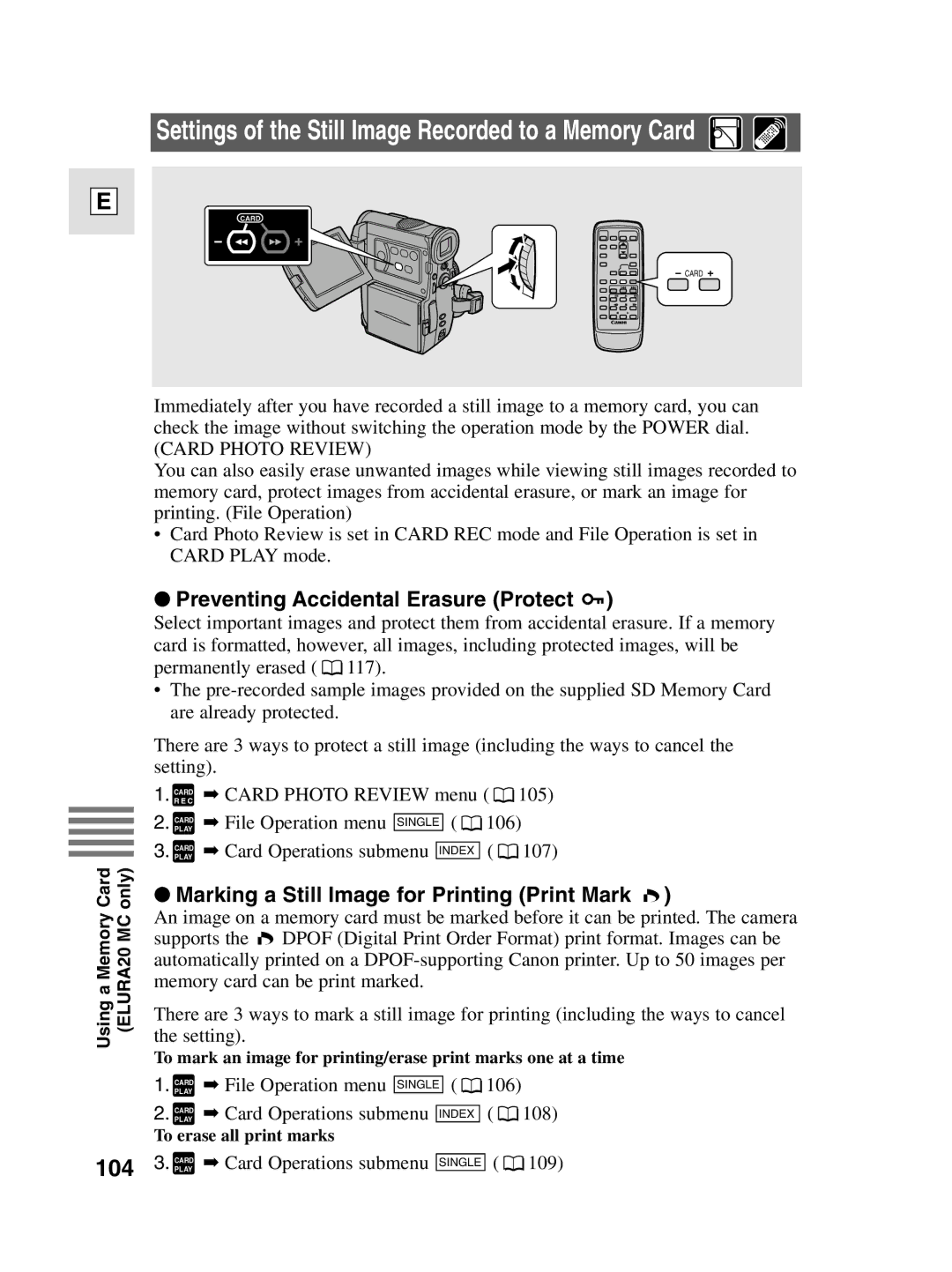 Canon 10, elura20 instruction manual Preventing Accidental Erasure Protect, Marking a Still Image for Printing Print Mark 