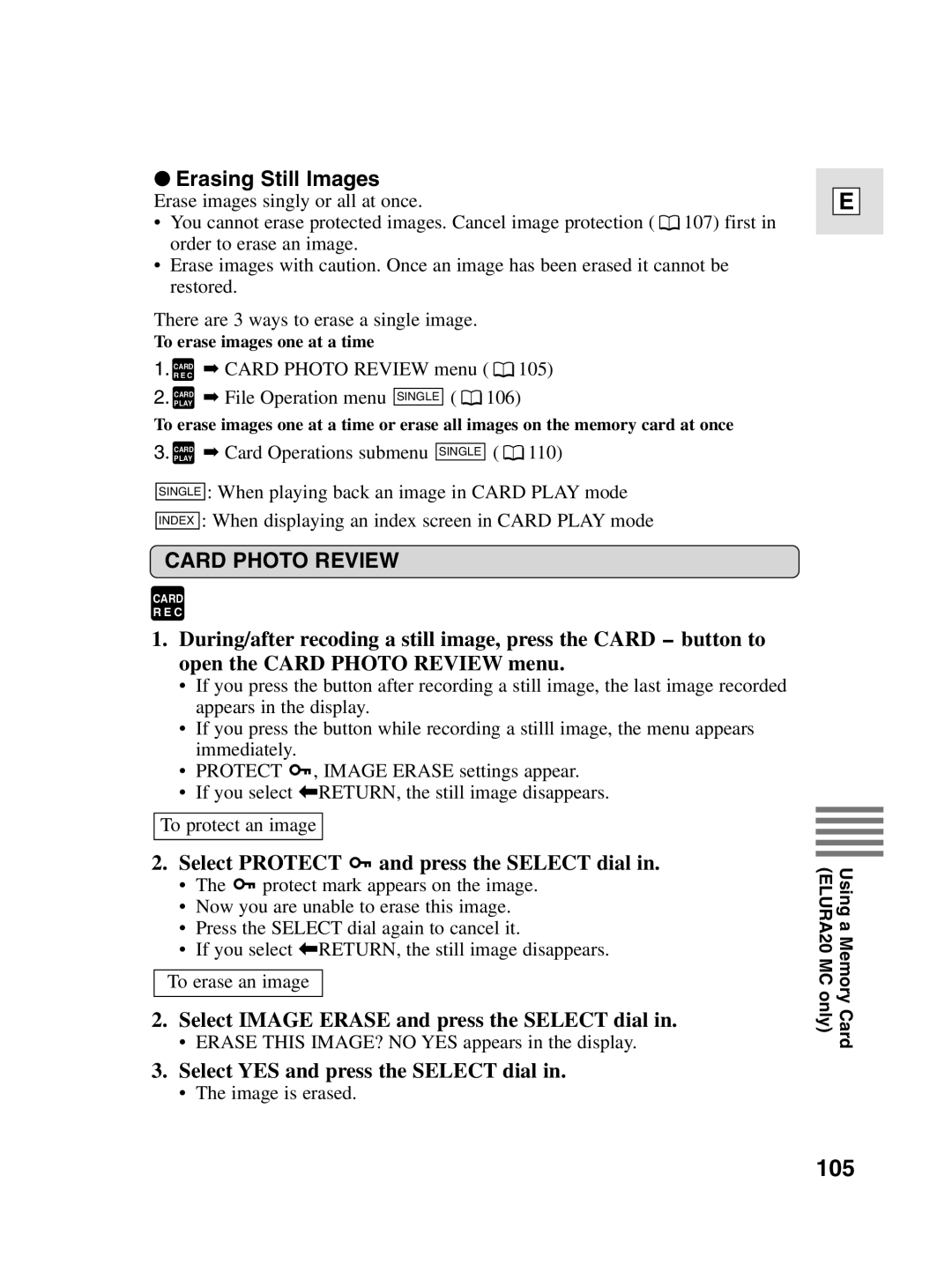 Canon elura20 105, Erasing Still Images, Select Protect and press the Select dial, Select YES and press the Select dial 