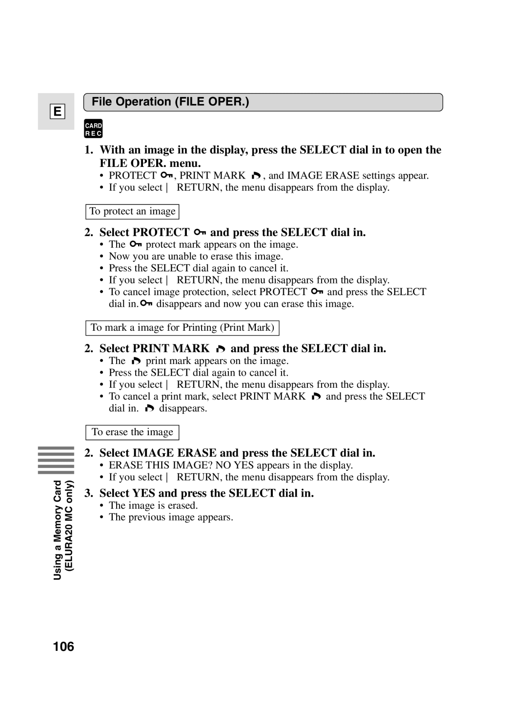 Canon elura20 instruction manual 106, File Operation File Oper, Select Print Mark and press the Select dial 