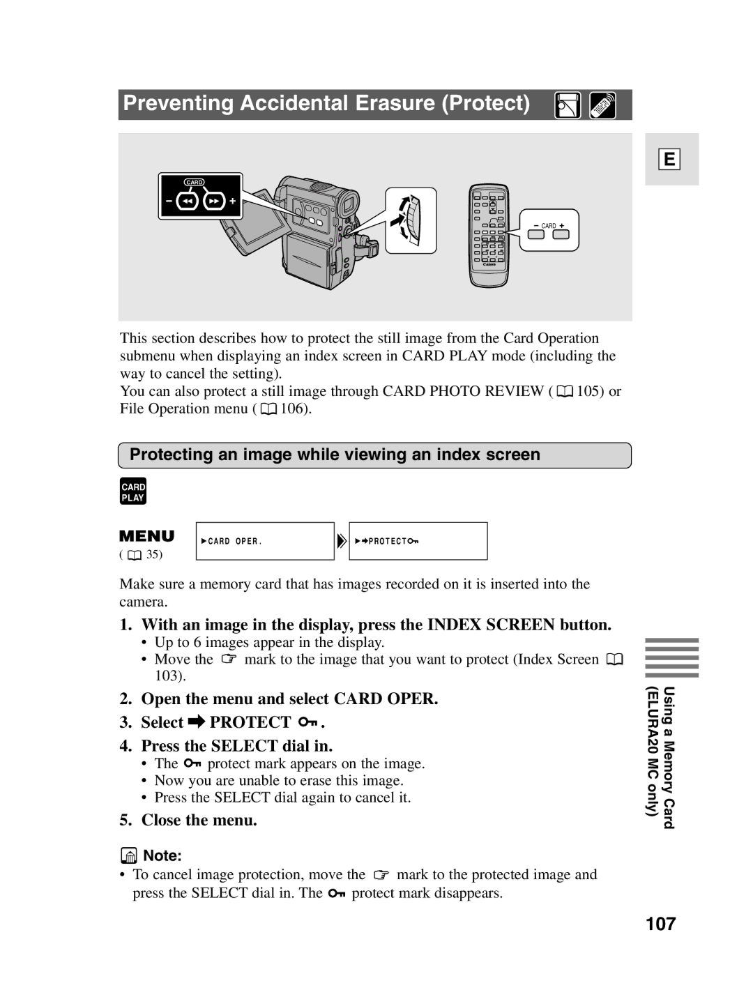 Canon elura20 Preventing Accidental Erasure Protect, 107, Protecting an image while viewing an index screen 