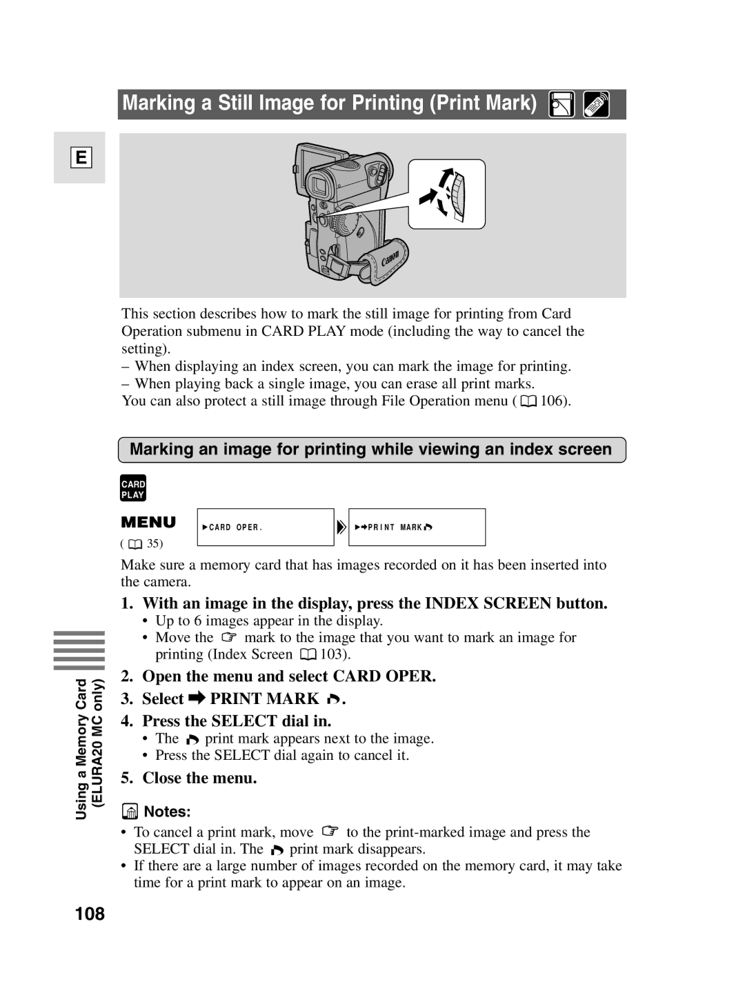 Canon Marking a Still Image for Printing Print Mark, 108, Marking an image for printing while viewing an index screen 