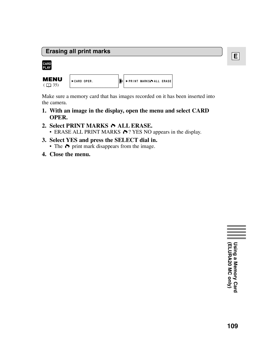 Canon elura20 instruction manual 109, Erasing all print marks 