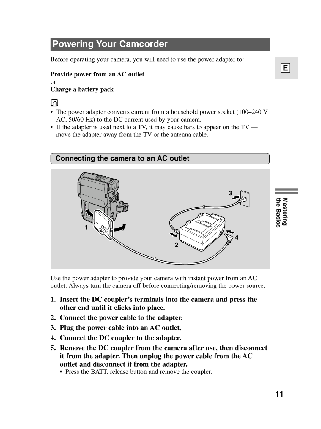 Canon elura20, 10 instruction manual Powering Your Camcorder, Connecting the camera to an AC outlet 