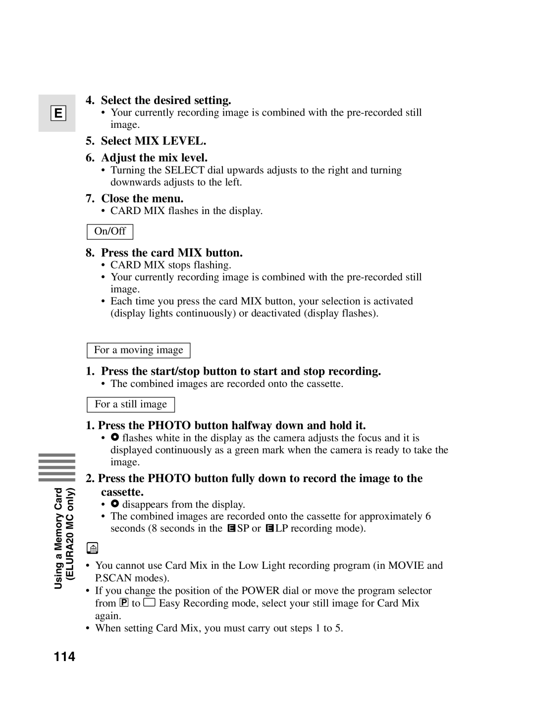 Canon 10, elura20 instruction manual 114, Select MIX Level Adjust the mix level, Press the card MIX button 