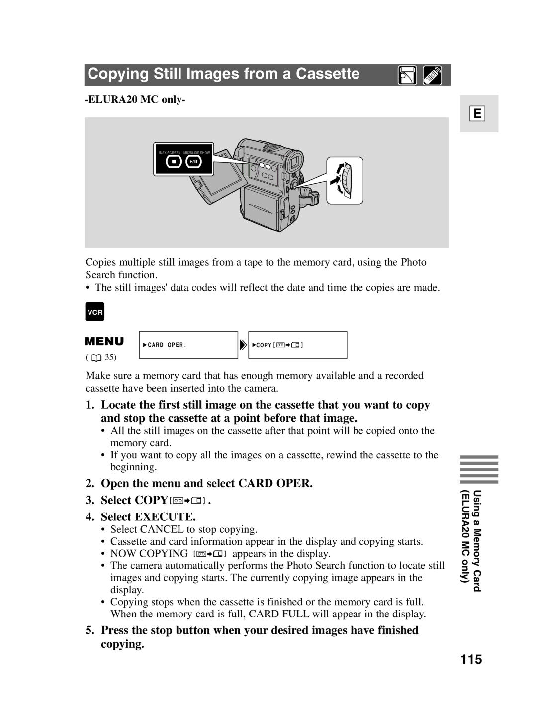 Canon elura20, 10 instruction manual Copying Still Images from a Cassette, 115 