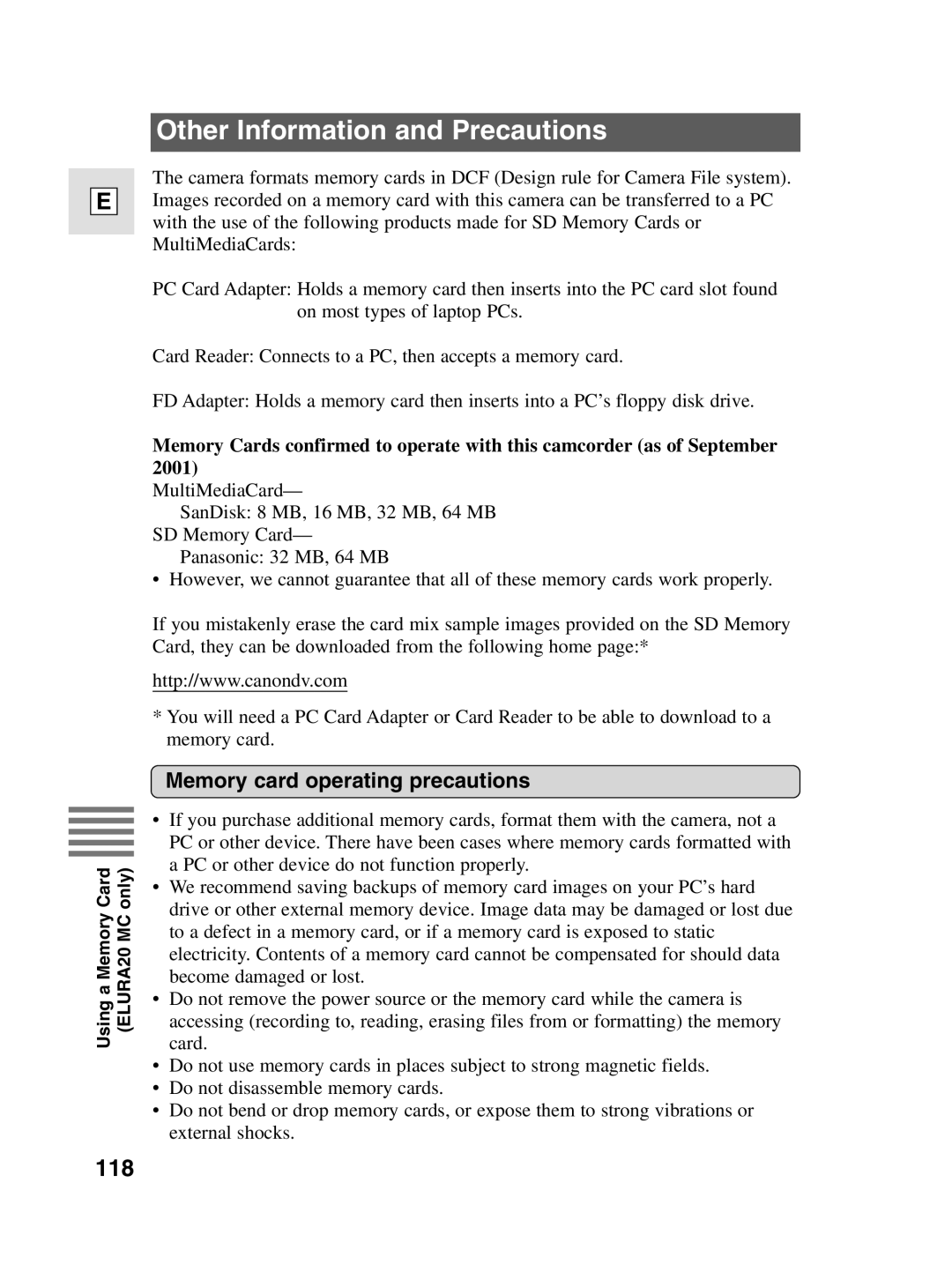 Canon 10, elura20 instruction manual Other Information and Precautions, 118, Memory card operating precautions 