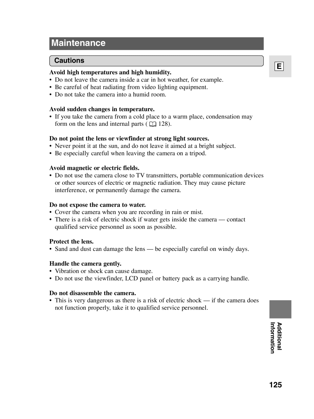 Canon elura20, 10 instruction manual Maintenance, 125 