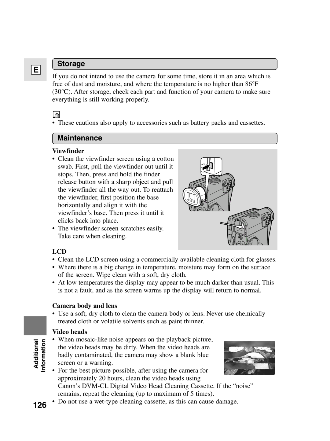 Canon 10, elura20 instruction manual 126, Storage, Maintenance 