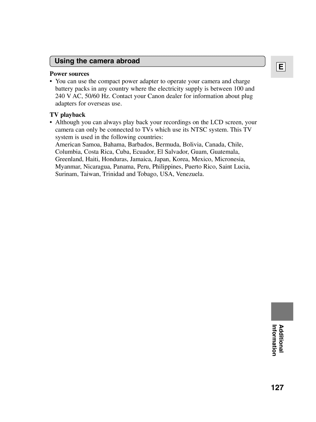 Canon elura20, 10 instruction manual 127, Using the camera abroad, Power sources, TV playback 