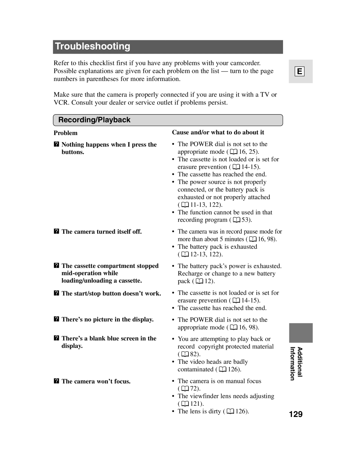 Canon elura20, 10 instruction manual Troubleshooting, 129, Recording/Playback 