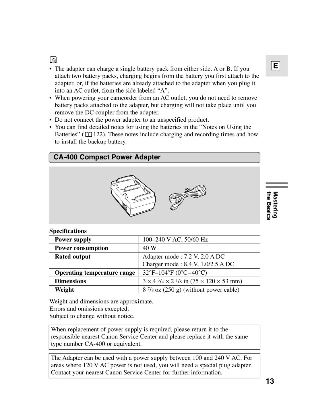 Canon elura20, 10 instruction manual CA-400 Compact Power Adapter 