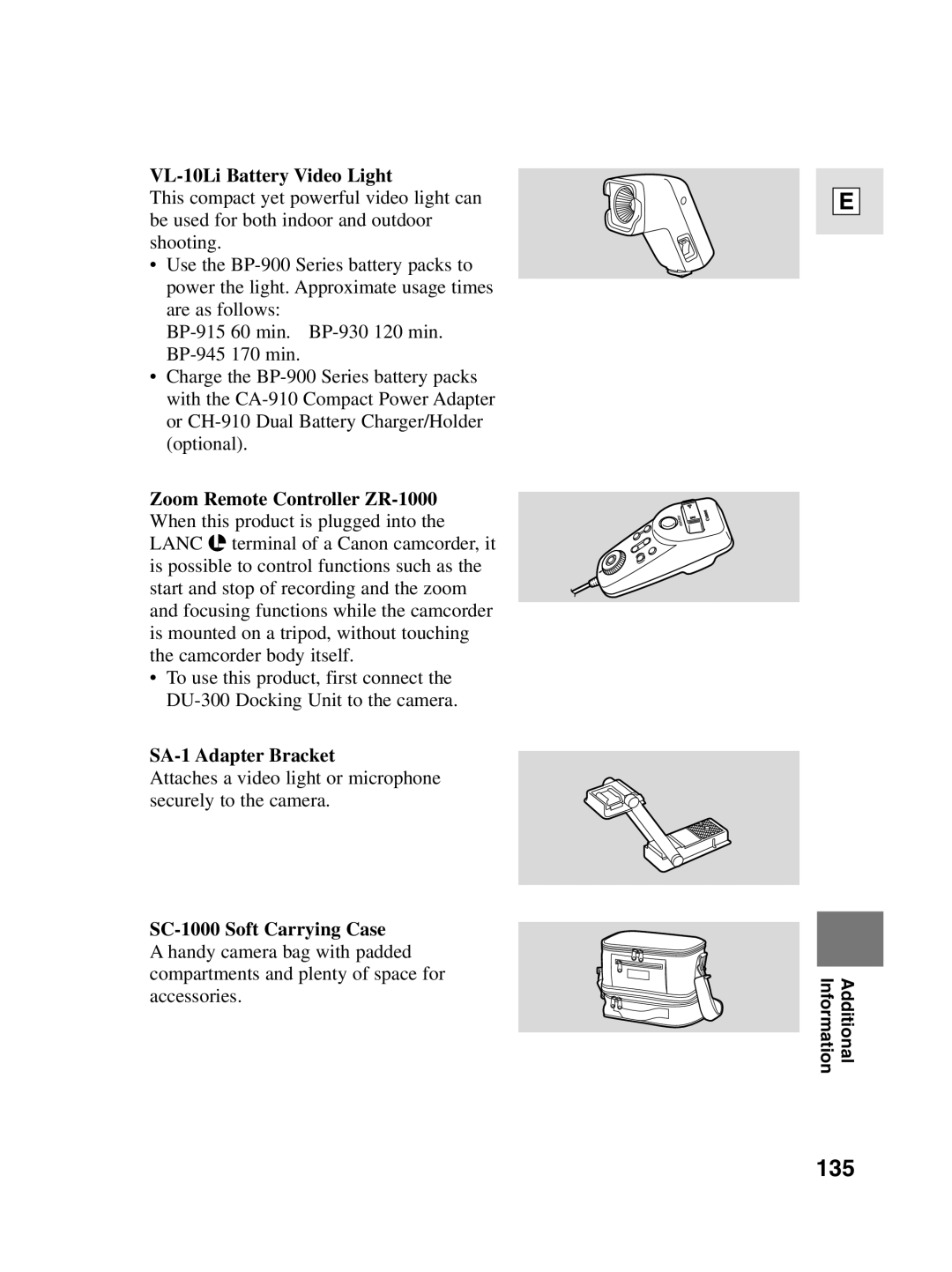 Canon elura20 instruction manual 135, VL-10Li Battery Video Light, SA-1 Adapter Bracket, SC-1000 Soft Carrying Case 