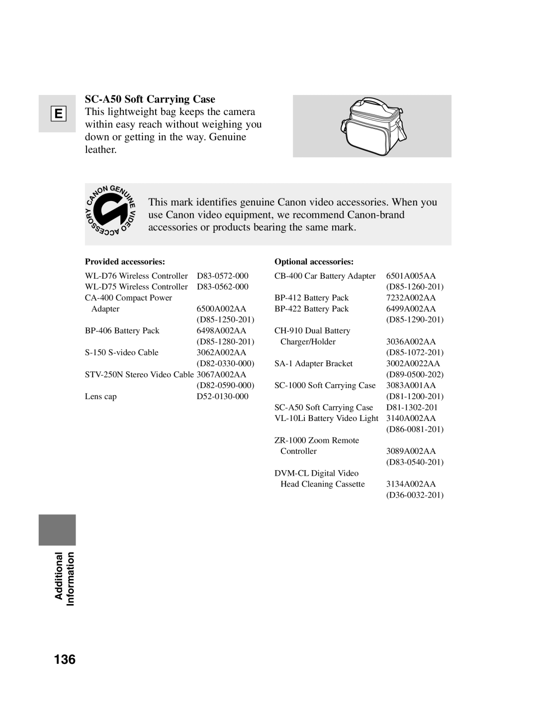 Canon 10, elura20 instruction manual 136, SC-A50 Soft Carrying Case 