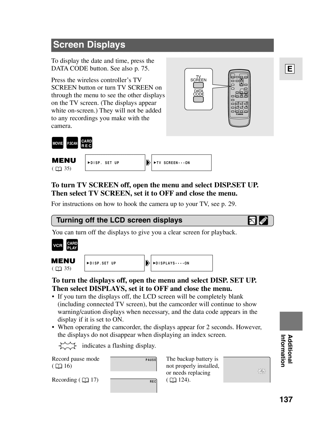 Canon elura20, 10 instruction manual Screen Displays, 137, Turning off the LCD screen displays 