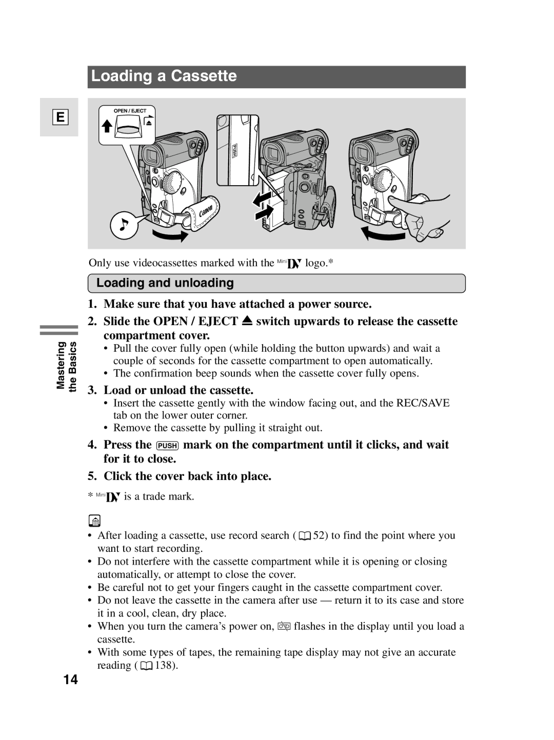 Canon 10, elura20 instruction manual Loading a Cassette, Loading and unloading, Load or unload the cassette 