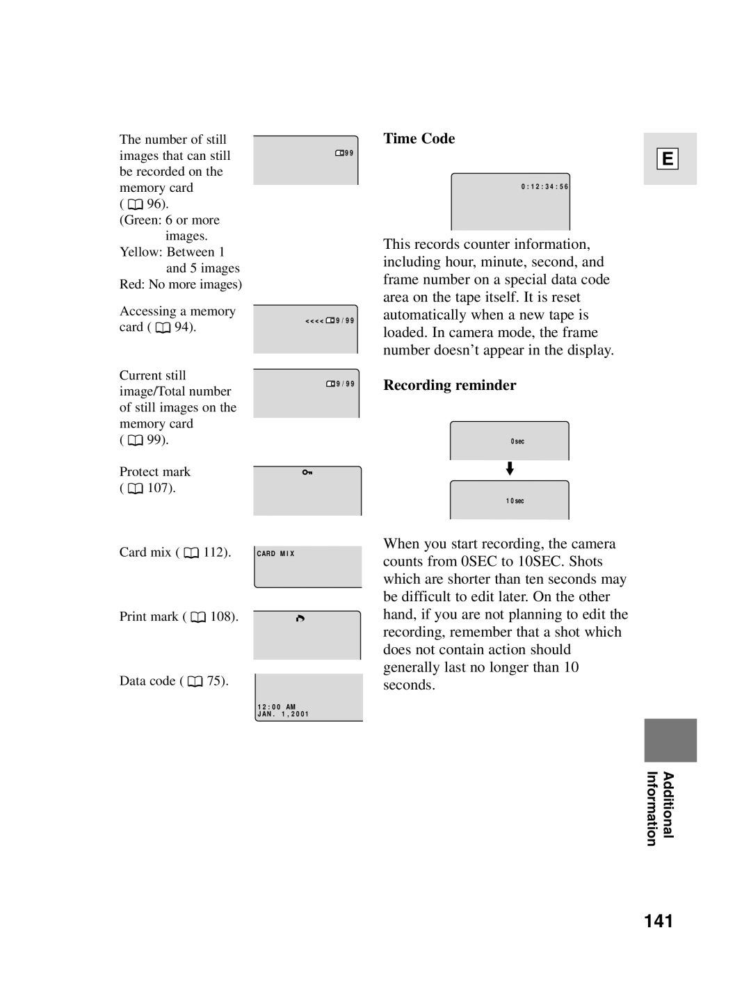 Canon elura20, 10 instruction manual 141, Time Code, Recording reminder 