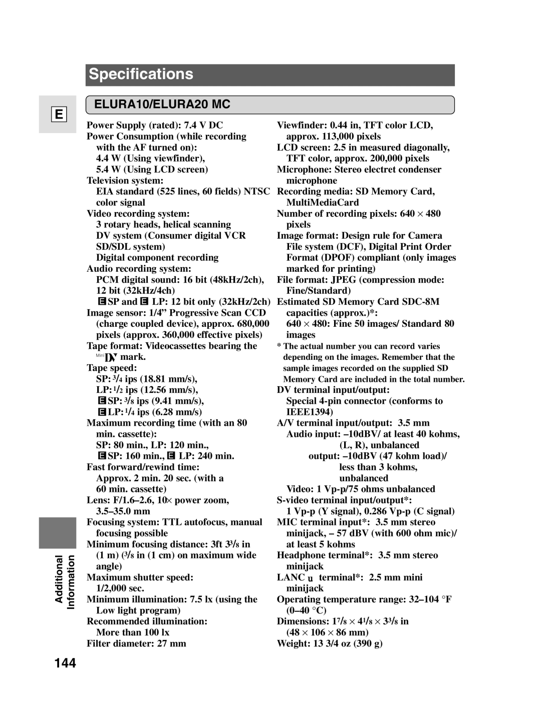 Canon 10, elura20 instruction manual Specifications, 144 