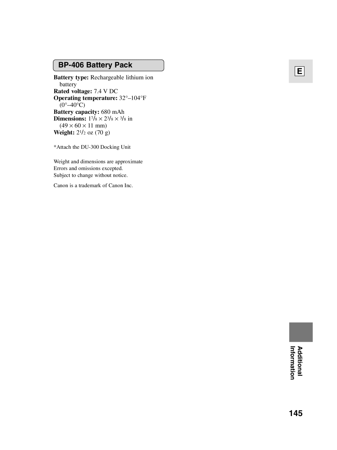 Canon elura20, 10 instruction manual 145, BP-406 Battery Pack 