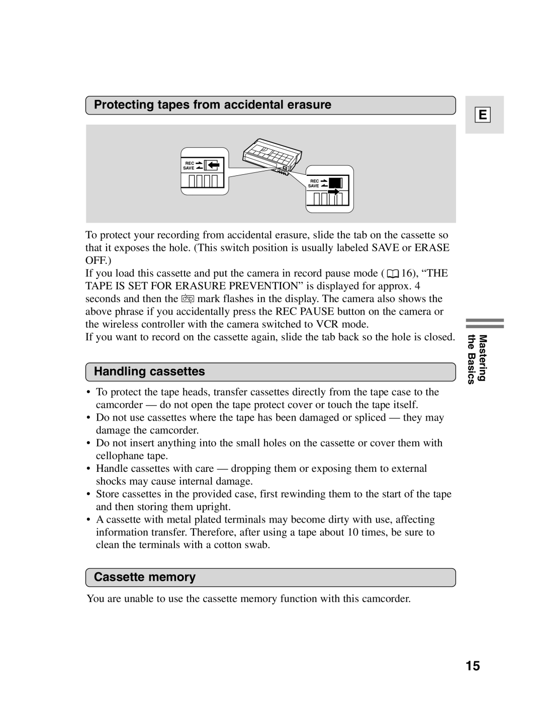 Canon elura20, 10 instruction manual Protecting tapes from accidental erasure, Handling cassettes, Cassette memory 