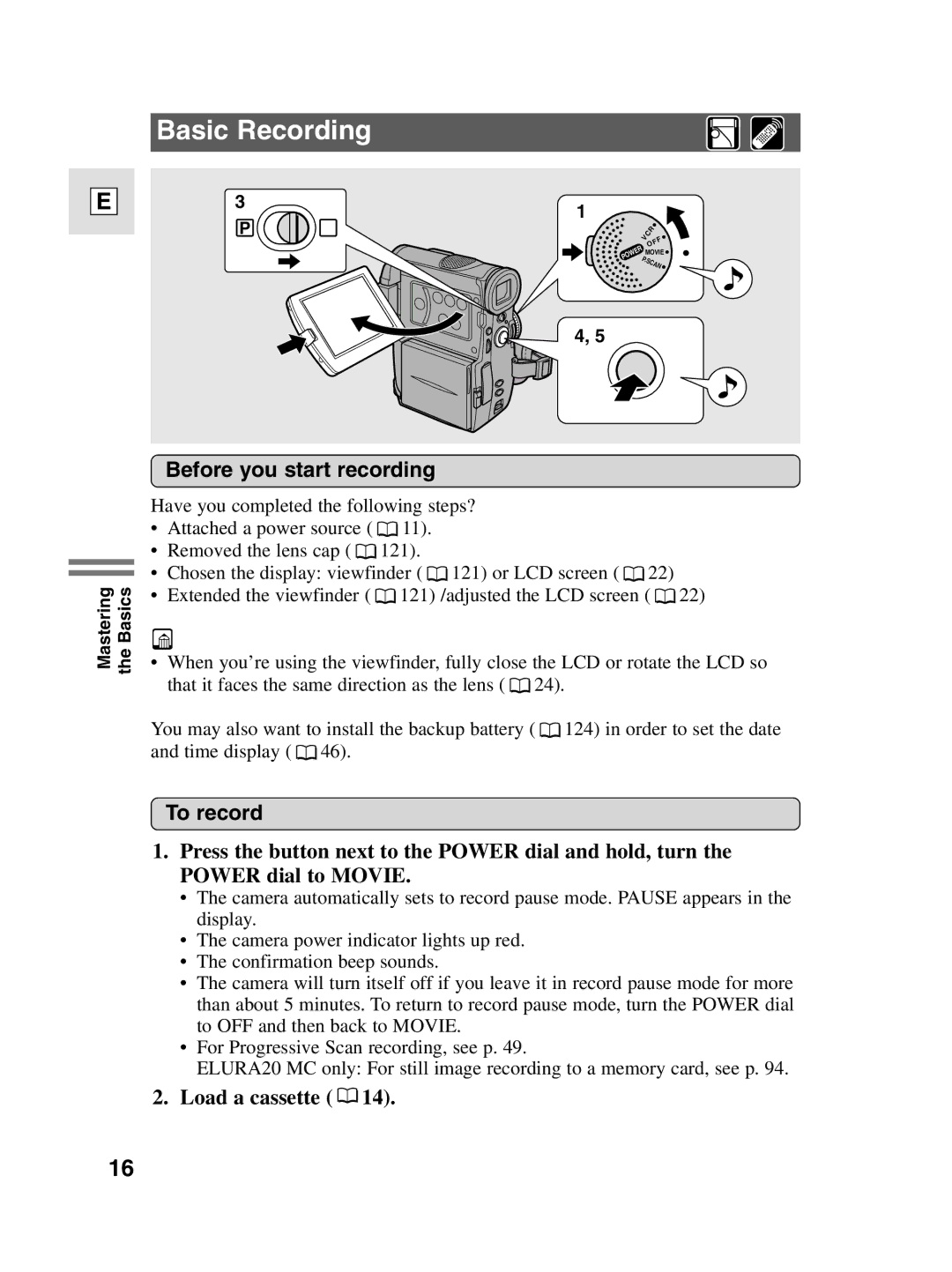 Canon 10, elura20 instruction manual Basic Recording, Before you start recording, To record, Load a cassette 