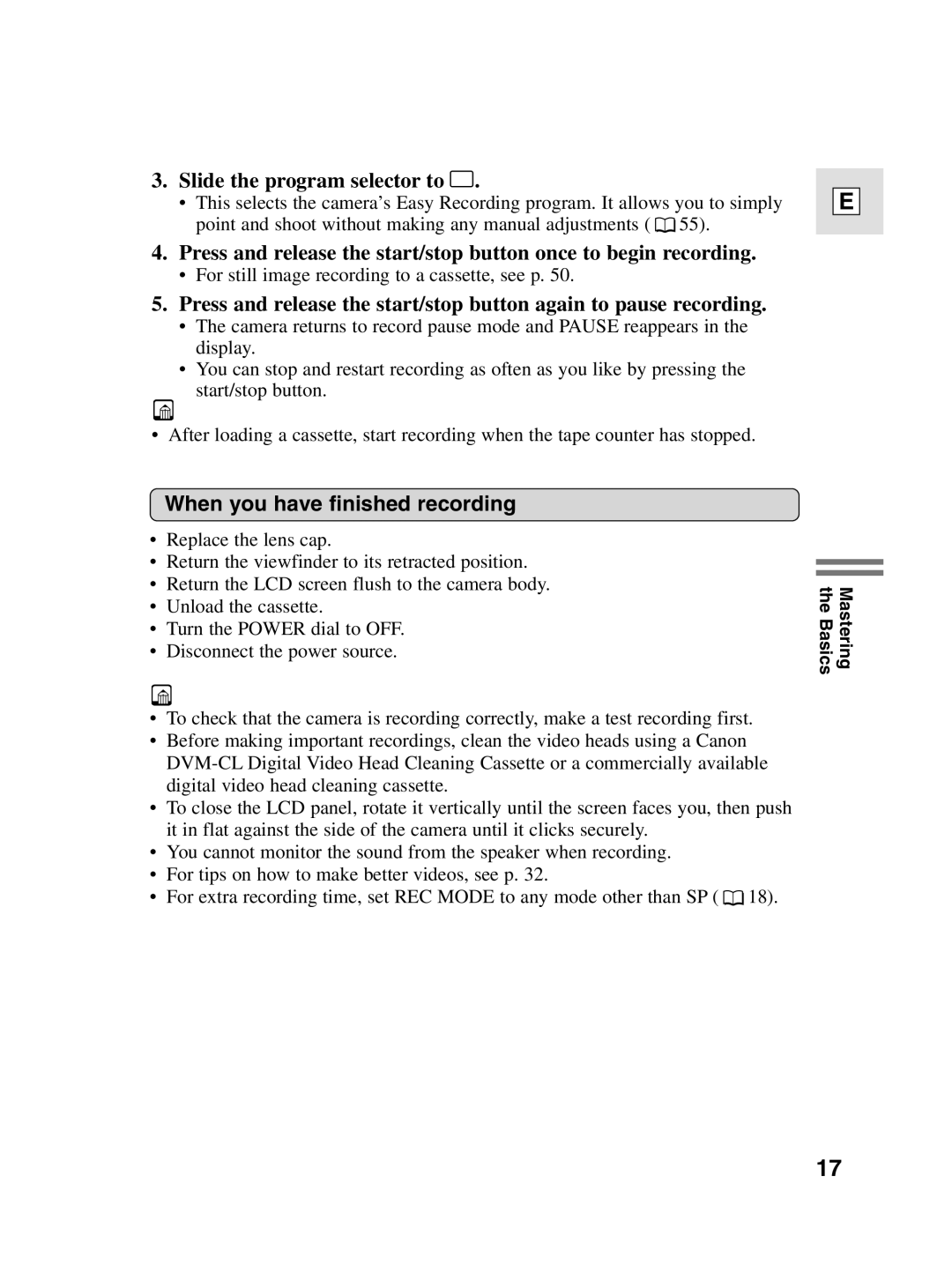 Canon elura20, 10 instruction manual Slide the program selector to, When you have finished recording 