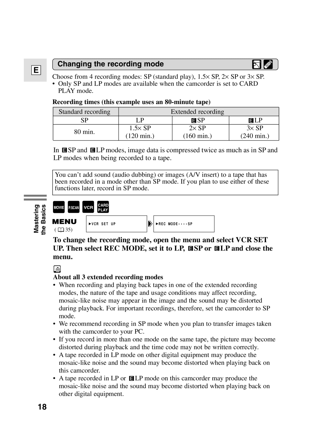 Canon 10, elura20 instruction manual Changing the recording mode, Recording times this example uses an 80-minute tape 