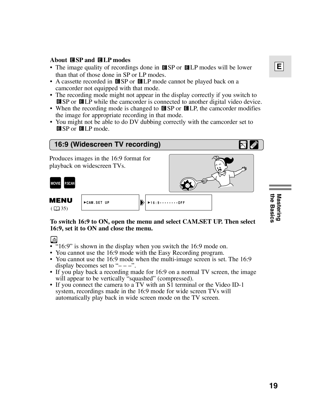 Canon elura20, 10 instruction manual Widescreen TV recording, About SP and LP modes 