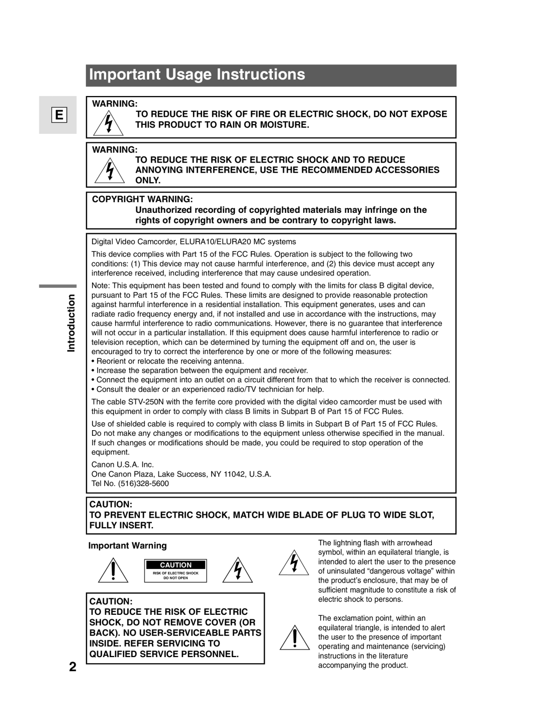 Canon 10, elura20 instruction manual Important Usage Instructions 