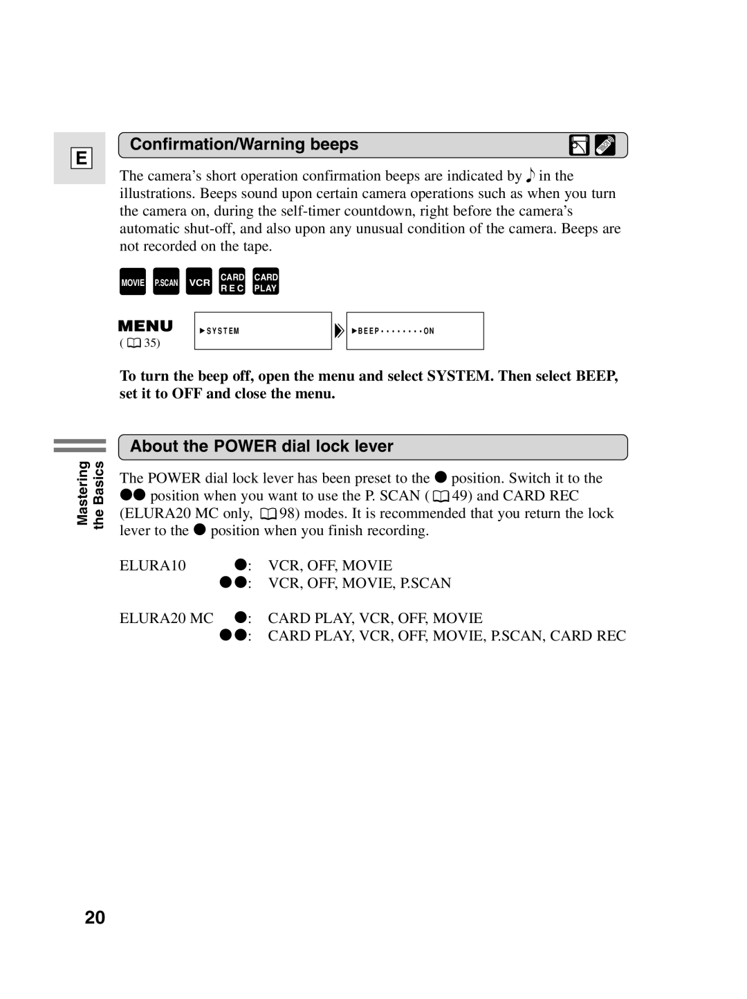 Canon 10, elura20 instruction manual Confirmation/Warning beeps, About the Power dial lock lever 