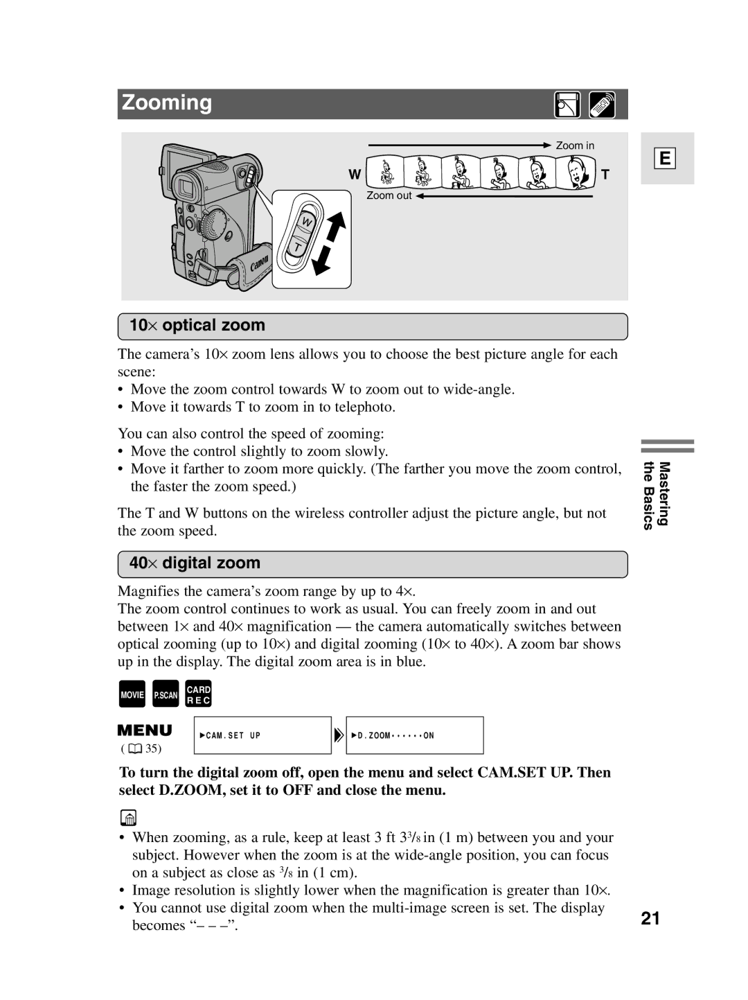 Canon elura20 instruction manual Zooming, 10⋅ optical zoom, 40⋅ digital zoom 