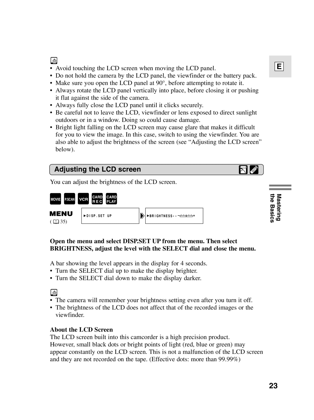 Canon elura20, 10 instruction manual Adjusting the LCD screen, About the LCD Screen 