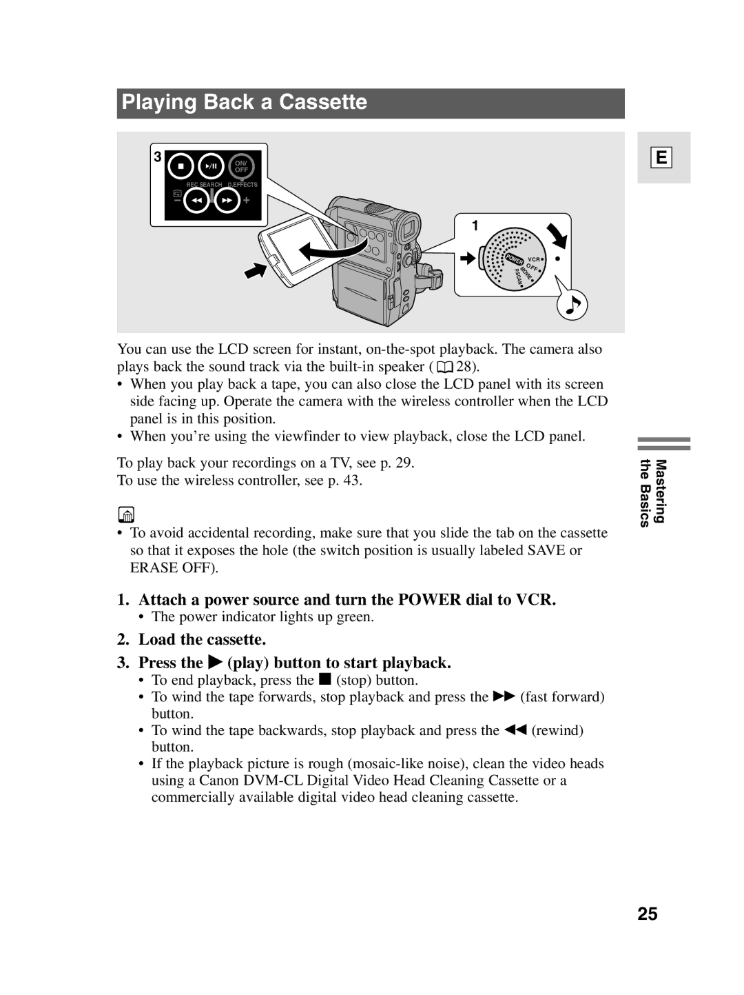 Canon elura20, 10 instruction manual Playing Back a Cassette, Attach a power source and turn the Power dial to VCR 