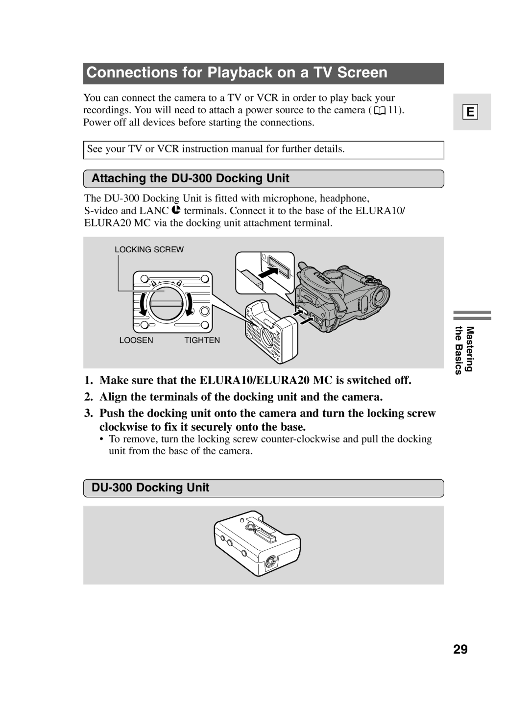 Canon elura20, 10 instruction manual Connections for Playback on a TV Screen, Attaching the DU-300 Docking Unit 