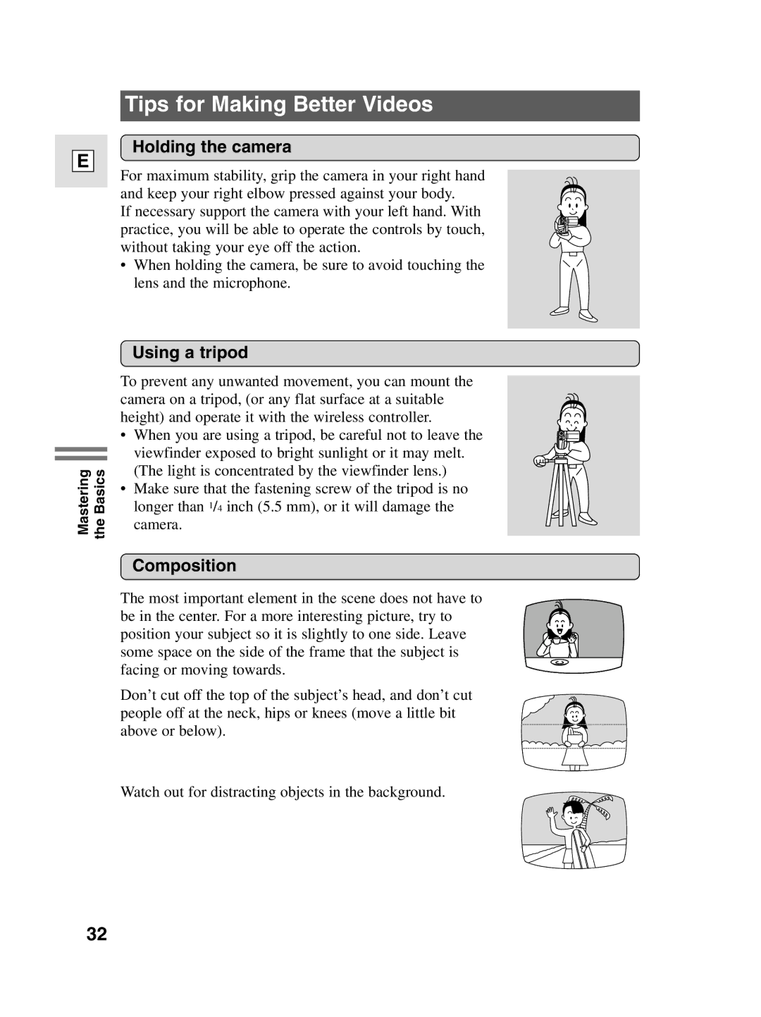 Canon 10, elura20 instruction manual Tips for Making Better Videos, Holding the camera, Using a tripod, Composition 