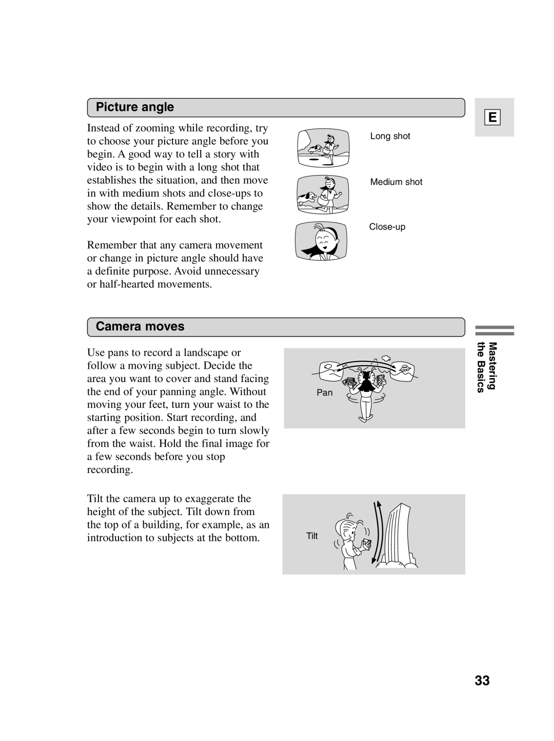 Canon elura20, 10 instruction manual Picture angle, Camera moves 