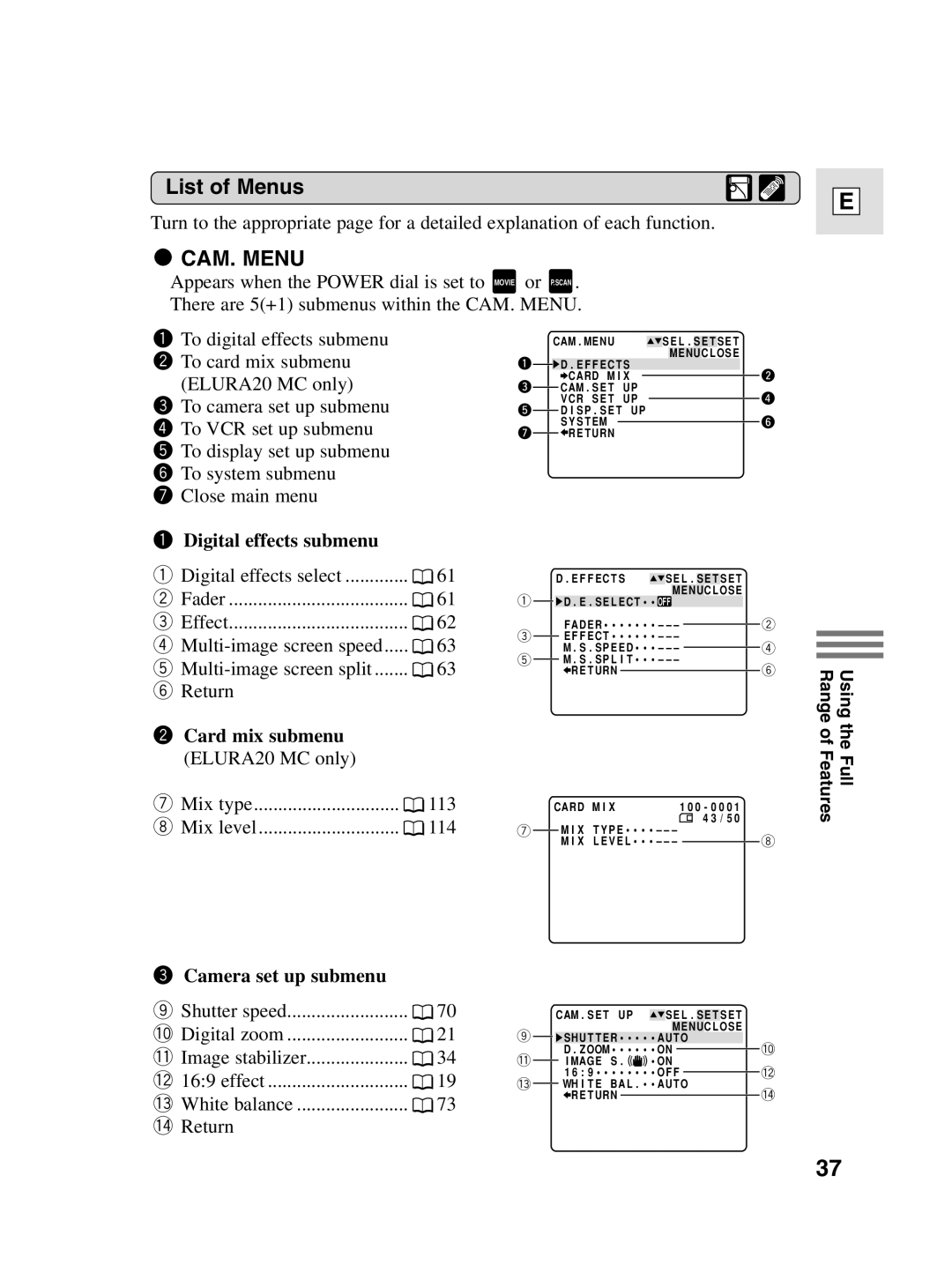 Canon elura20, 10 instruction manual List of Menus, Digital effects submenu, Card mix submenu, Camera set up submenu 