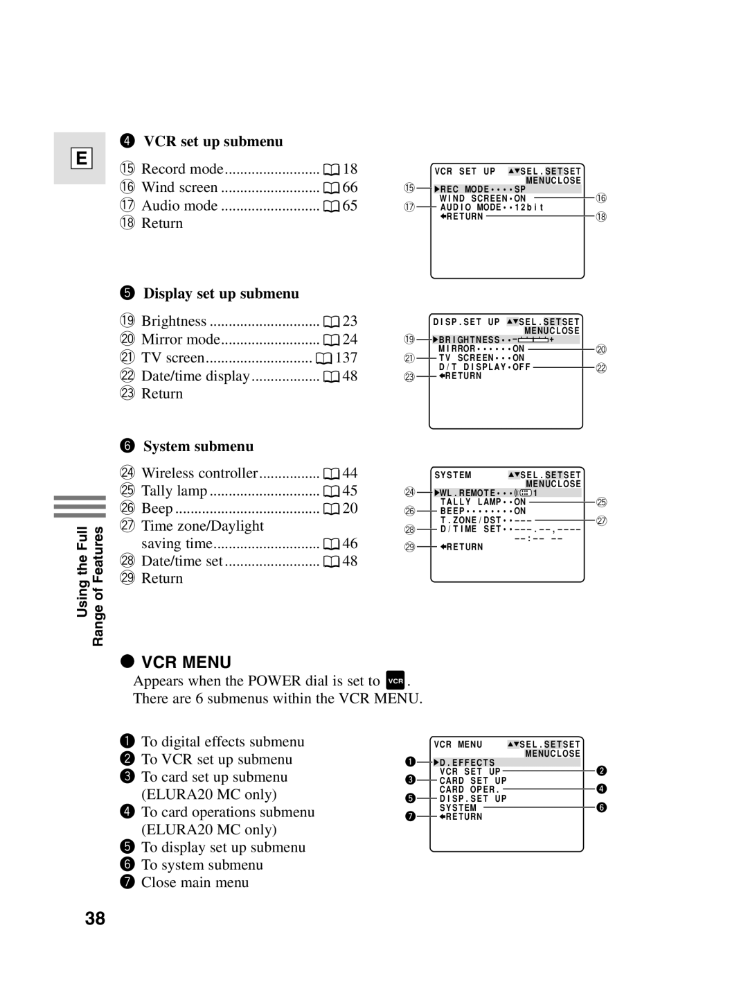 Canon 10, elura20 instruction manual VCR set up submenu, Display set up submenu, System submenu 