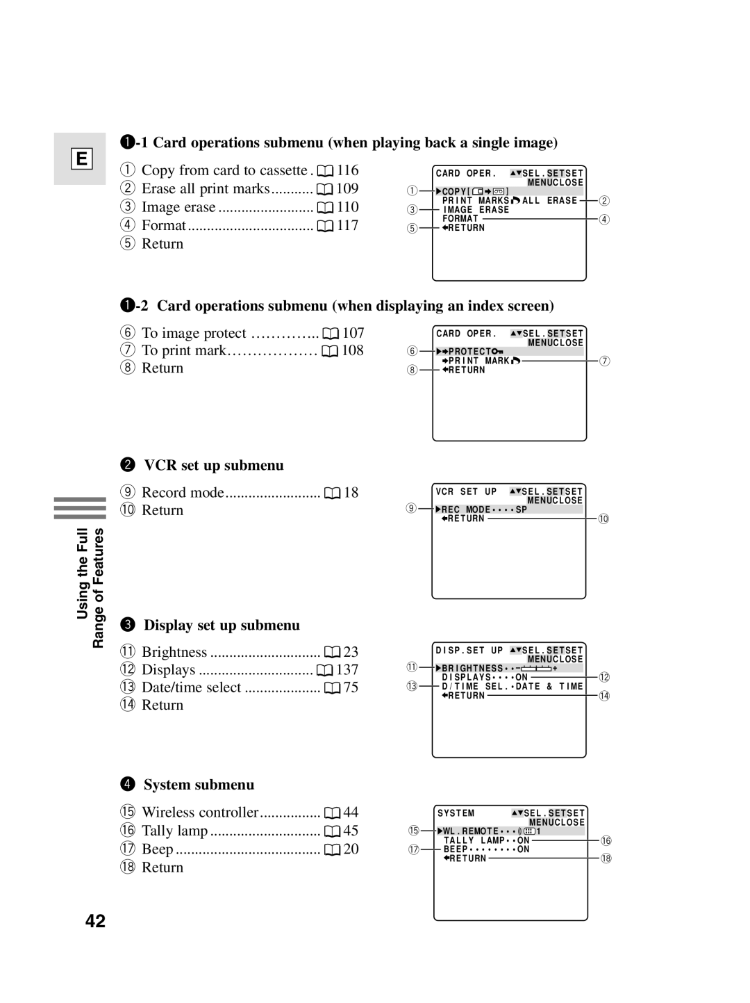 Canon Card operations submenu when playing back a single image, To print mark……………… 108, 0Return, 2Displays 137 