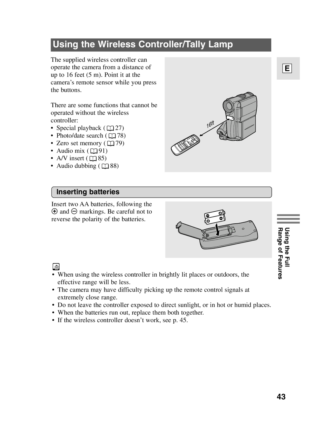 Canon elura20, 10 instruction manual Using the Wireless Controller/Tally Lamp, Inserting batteries 