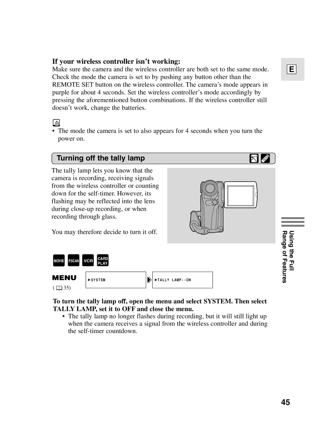 Canon elura20, 10 instruction manual If your wireless controller isn’t working, Turning off the tally lamp 