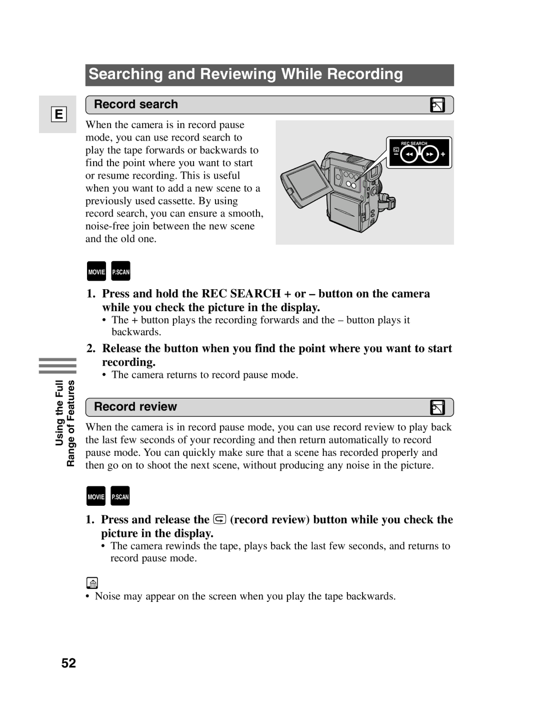 Canon 10, elura20 instruction manual Searching and Reviewing While Recording, Record search, Record review 