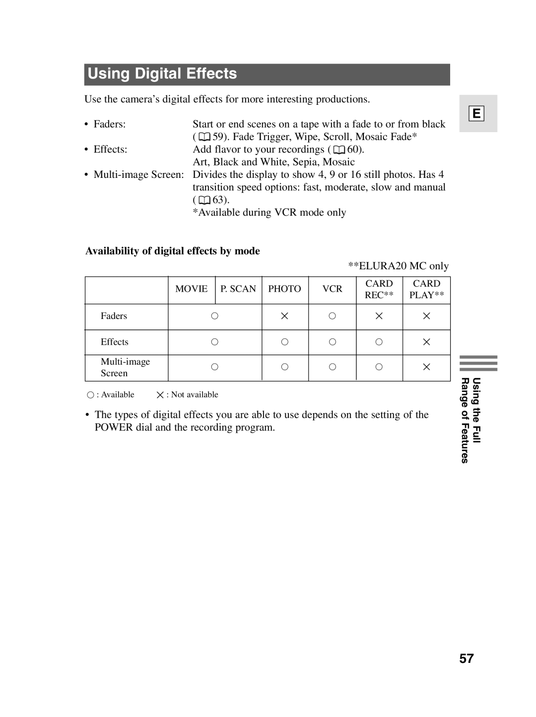 Canon elura20, 10 instruction manual Using Digital Effects, Availability of digital effects by mode 