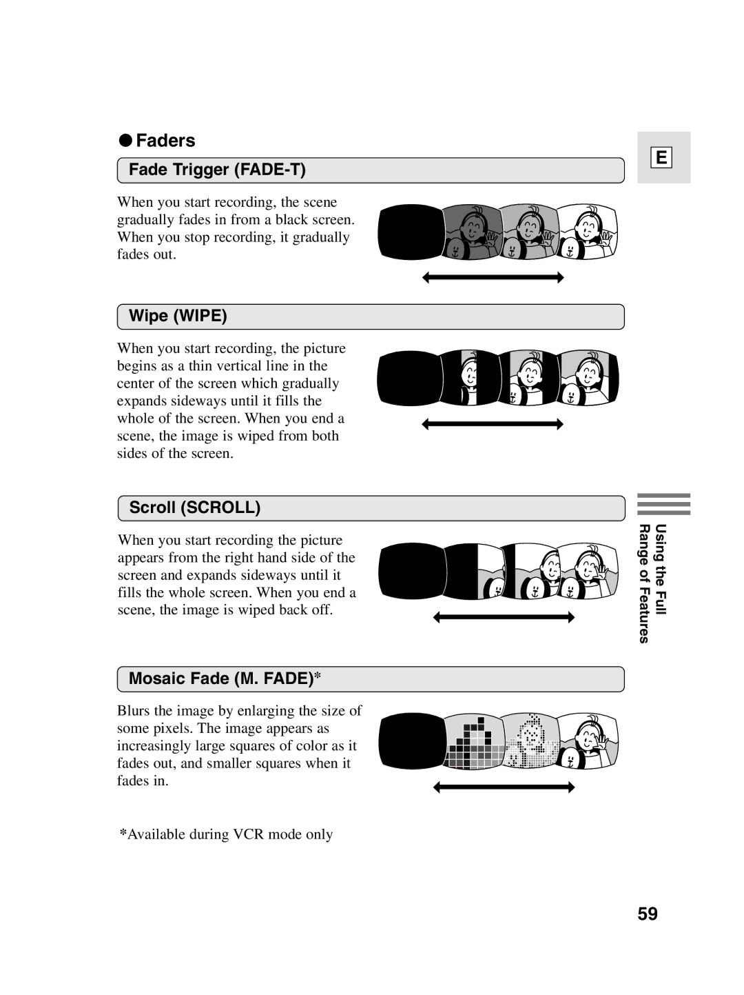 Canon elura20, 10 instruction manual Faders, Fade Trigger FADE-T, Wipe Wipe, Scroll Scroll, Mosaic Fade M. Fade 