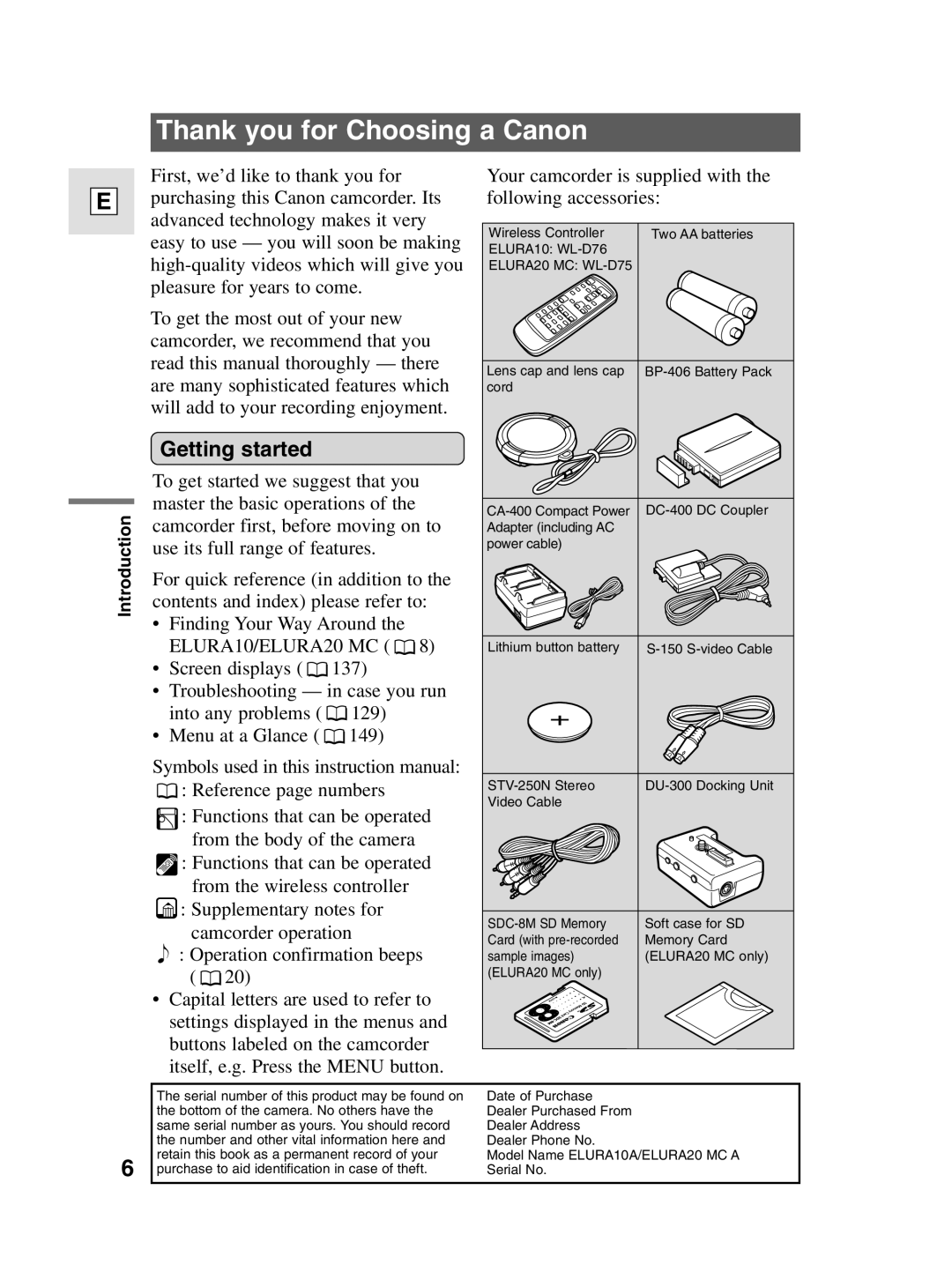 Canon 10, elura20 instruction manual Thank you for Choosing a Canon, Getting started 