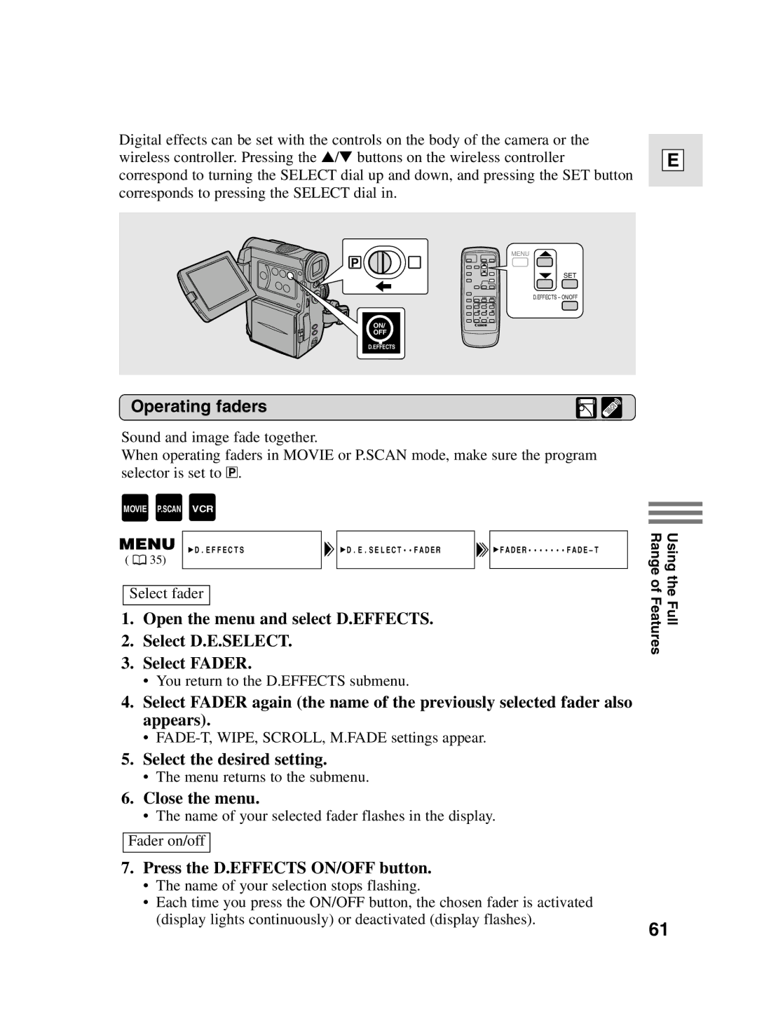 Canon elura20, 10 instruction manual Operating faders, Select the desired setting, Press the D.EFFECTS ON/OFF button 