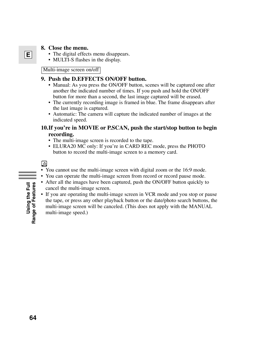 Canon 10, elura20 instruction manual Push the D.EFFECTS ON/OFF button 