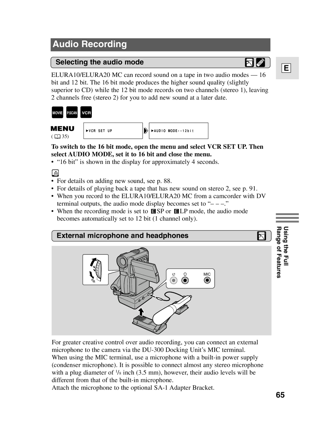 Canon elura20, 10 instruction manual Audio Recording, Selecting the audio mode, External microphone and headphones 